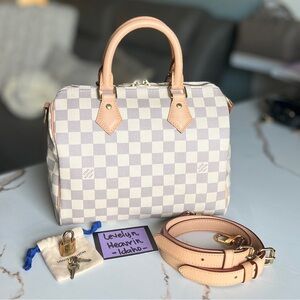 SOLD-Authentic Louis Vuitton Speedy Bandouliere 25 Damier Azur